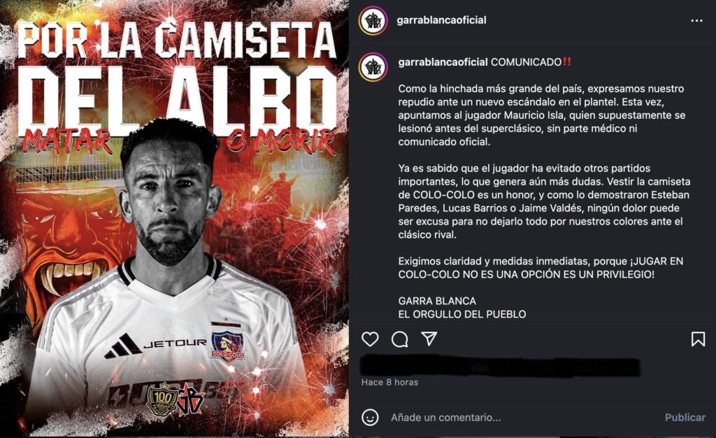 Publicación de la Garra Blanca en Instagram contra  Mauricio Isla.